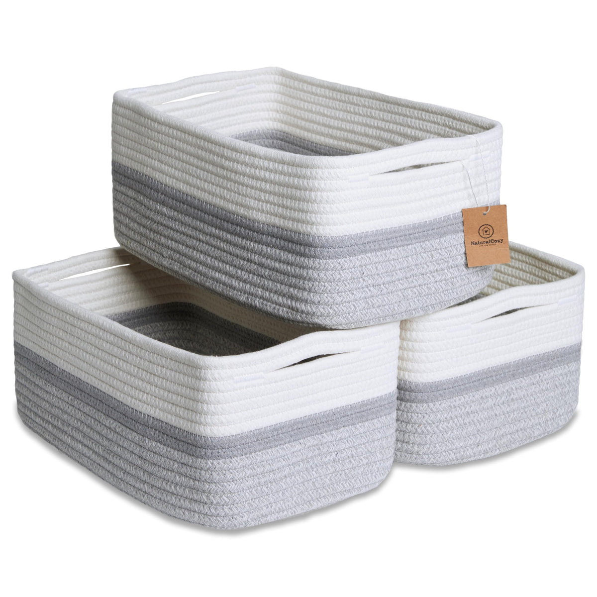 NaturalCozy 11.8"x8"x4.5” Storage Baskets for Shelves 3 Pack | Cotton Rope Woven Small Baskets for Organizing | Small Storage Bins for Nursery, Bathroom, Closet, Cube Shelf, Decorative, Gift Basket