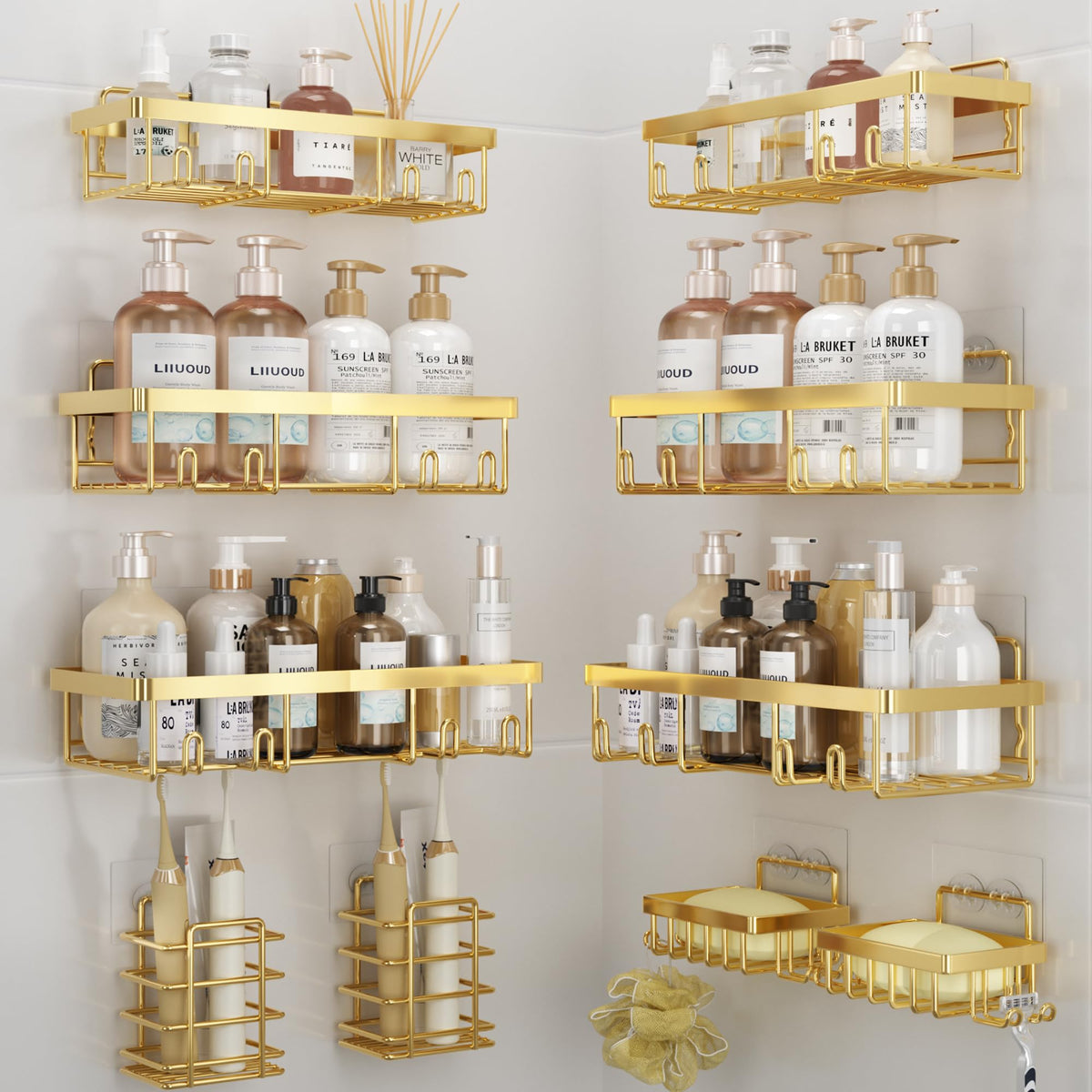 Liuoud 5 Pack Shower Caddy for Inside Shower, Gold Bathroom Storage Decor