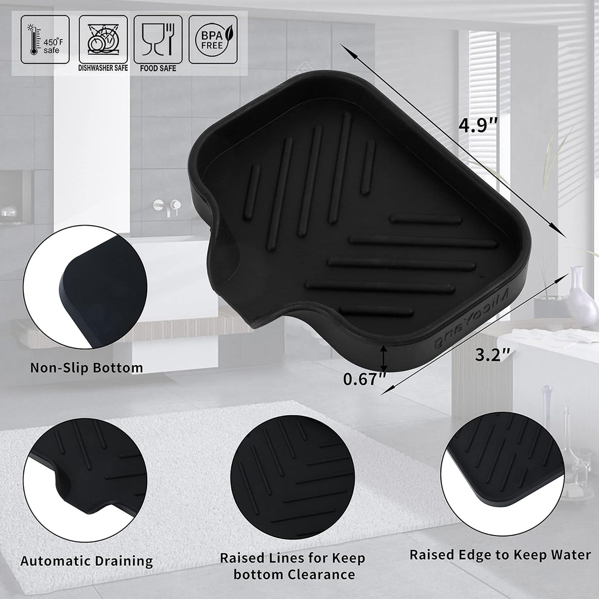 MicoYang Silicone Soap Dish with Drain Spout, Self-Draining Sink Organizer Tray for Bathroom and Kitchen, Sponges, Dispensers and Soap Holder, Non-Slip and Dishwasher Safe, Black (Compact, 4.9"×3.2")
