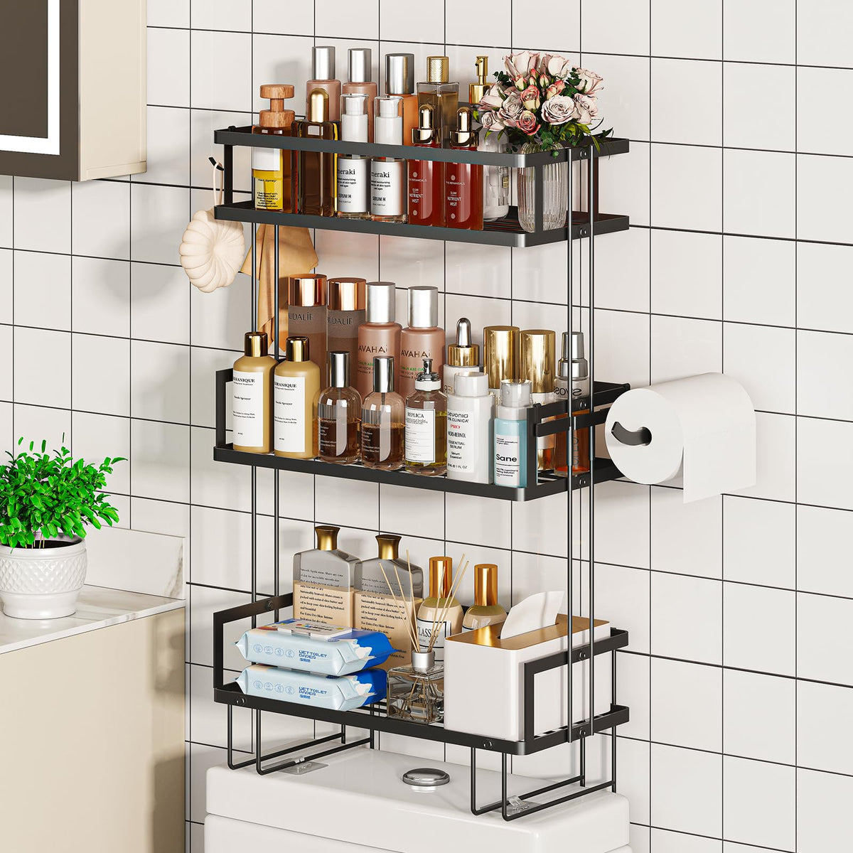 Godboat 2-Tier Over Toilet Storage Shelf, Wall-Mount with 2 Hook/Paper Rack