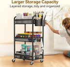 YASONIC 3 Tier Metal Rolling Cart, Black Utility Storage Cart with Wheels
