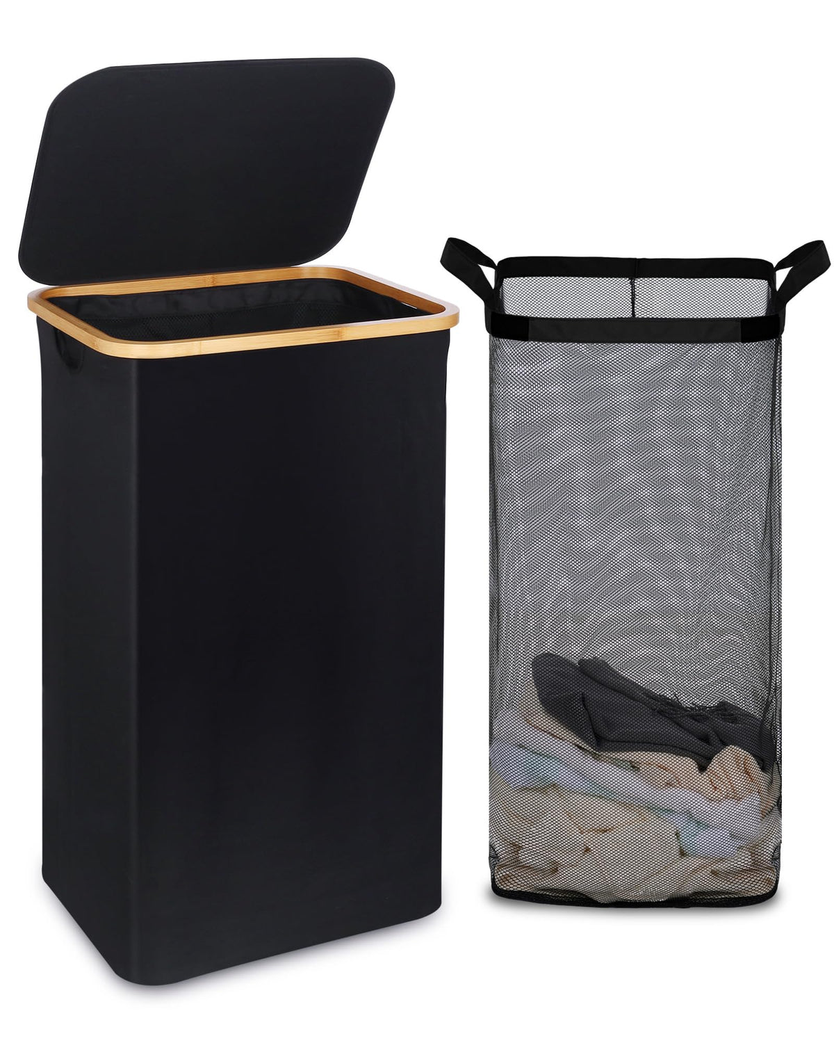 efluky Slim Laundry Basket with Lid, Narrow Laundry Hamper with Removable Bag, Skinny Dirty Clothes Basket with Bamboo Handles for Bathroom, Bedroom & Laundry Room, 75L Beige