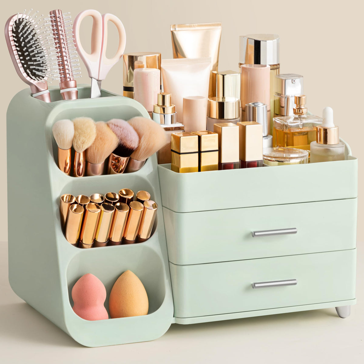 HBlife Makeup Organizer with Brush Holder for Vanity, Large Plastic Bathroom Countertop Organizer Skin Care Storage, Easy to Store Lipsticks, Nail Polishes, Perfumes, Eyeshadow Palettes, All White
