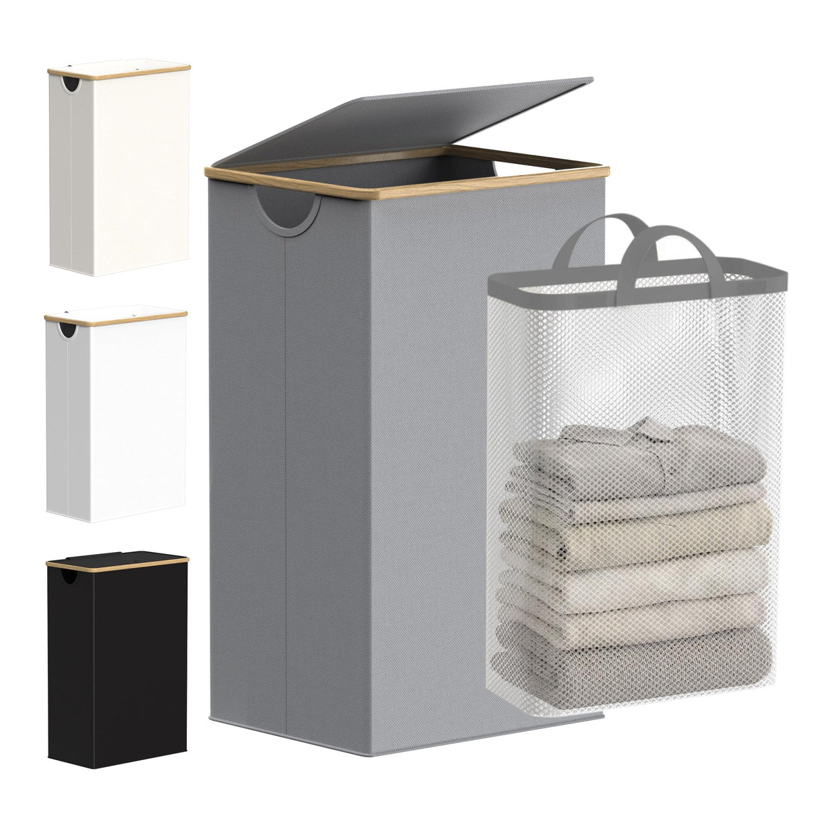 efluky Slim Laundry Basket with Lid, Narrow Laundry Hamper with Removable Bag, Skinny Dirty Clothes Basket with Bamboo Handles for Bathroom, Bedroom & Laundry Room, 75L Beige