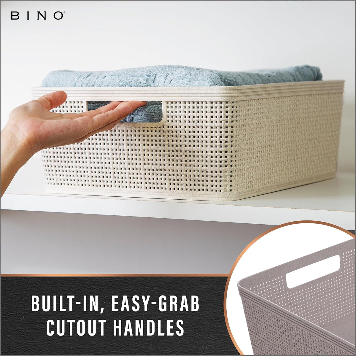 BINO | Woven Plastic Basket | Small (Natural), 5-Pack | THE JUTE COLLECTION | Home Organization, Space - Saving Storage, Stylish Design | Jute Basket | Plastic Storage Basket