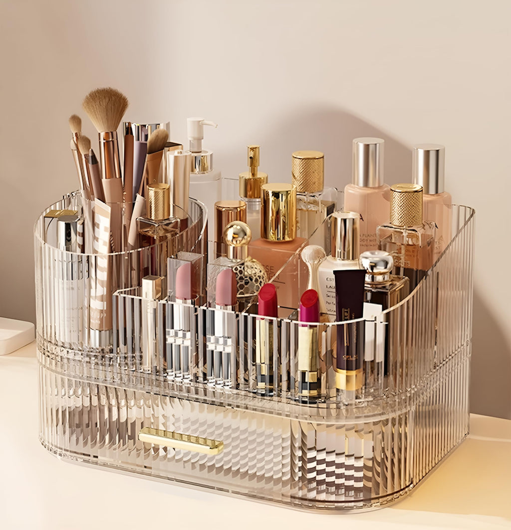 Large Makeup Organizer with Drawers, 360° Rotating Brush Holder