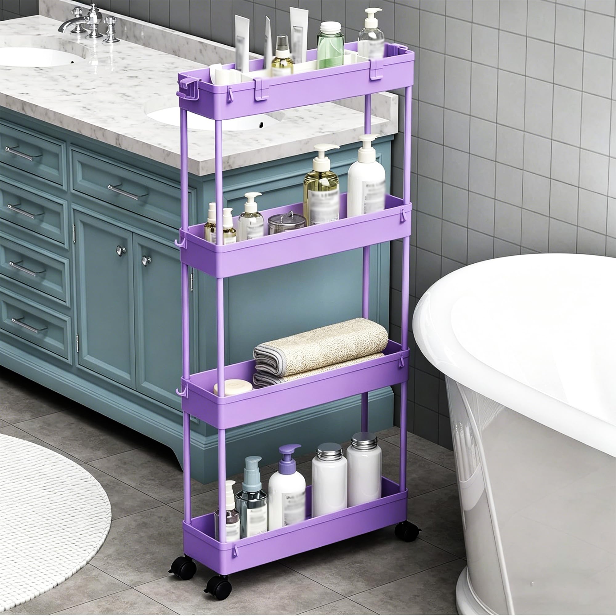 SPACELEAD Slim Storage Cart 4 Tier,Bathroom Organizer Rolling Utility, Mobile Shelving Unit Slide Out for Office, Kitchen, Laundry Room & Narrow Places,White