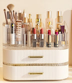 Large Makeup Organizer with Drawers, 360° Rotating Brush Holder
