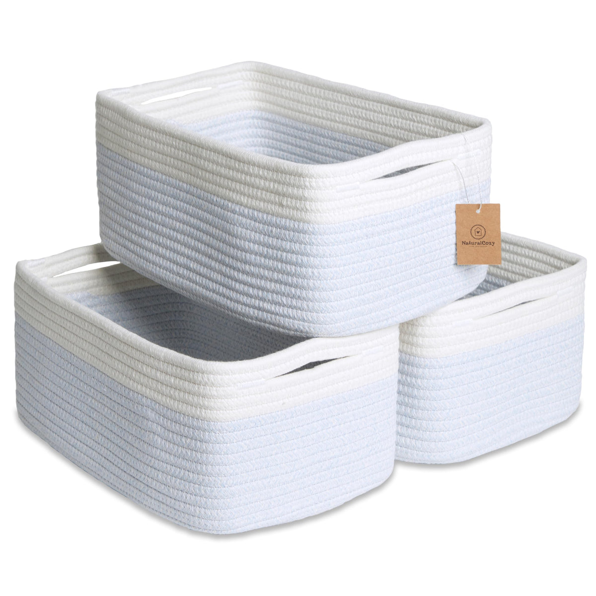 NaturalCozy 11.8"x8"x4.5” Storage Baskets for Shelves 3 Pack | Cotton Rope Woven Small Baskets for Organizing | Small Storage Bins for Nursery, Bathroom, Closet, Cube Shelf, Decorative, Gift Basket