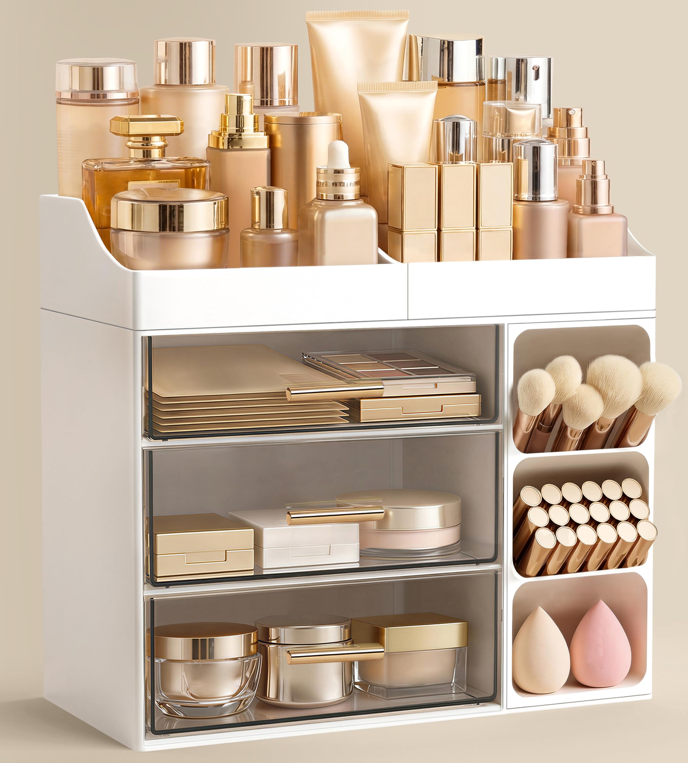 HBlife Makeup Organizer Countertop with Brush Holder,Large Bathroom Counter Organizer with Drawers,Skincare Organizers for Vanity,Plastic Dresser Organizer Storage Gift for Women Girl Mom,All White
