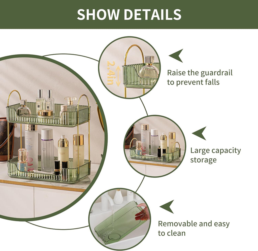 Akinbas 2 Tier Bathroom Organizer Countertop Makeup Perfume Tray Skincare Organizer for Bathroom Dresser Vanity (Green)