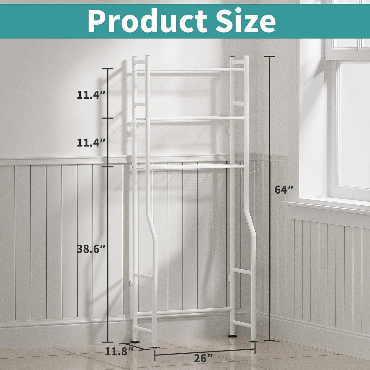 3-Tier Over Toilet Storage, Anti-Tip, 64" H, White