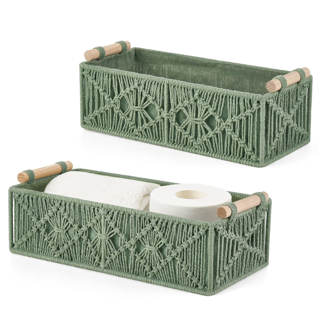 Mkono 2Pc Macrame Storage Basket, Boho Decor Toilet Paper Holder, Ivory