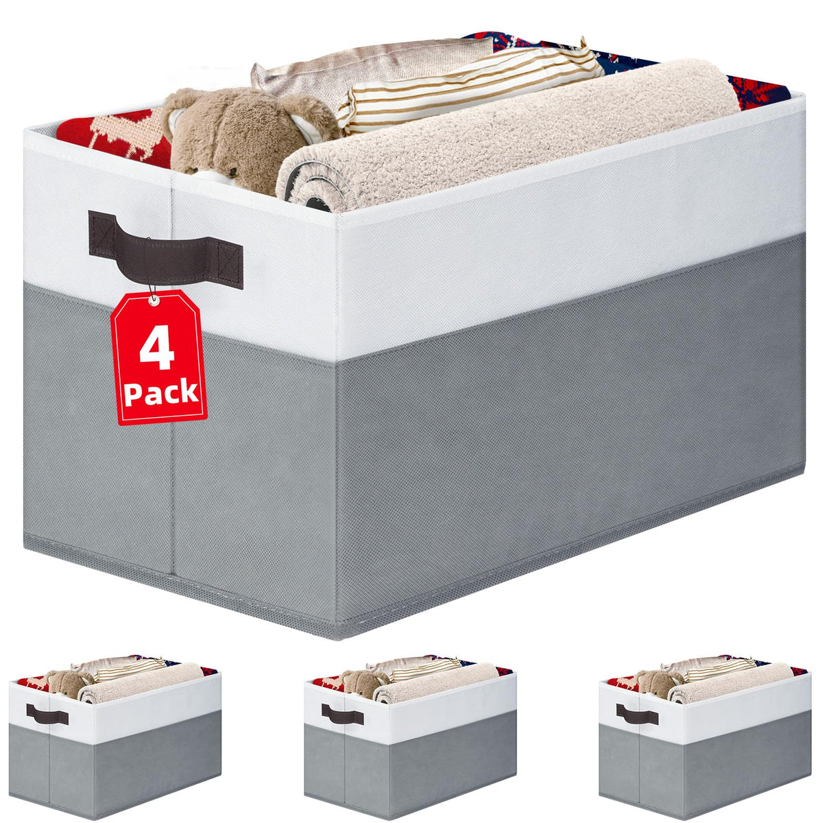 4 Pack Large Closet Storage Baskets Bins for Shelves | Fabric Closet Organizers and Storage with Handles Home Organization | Decorative Collapsible Baskets for Organizing Clothes Toy Nursery 14"x10"