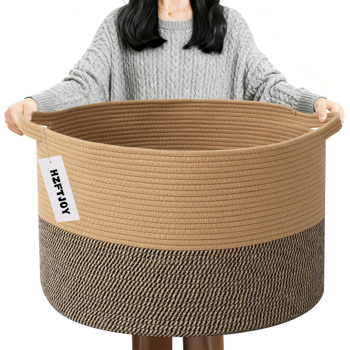 Large Woven Blanket Basket,65L Cotton Rope Laundry Basket