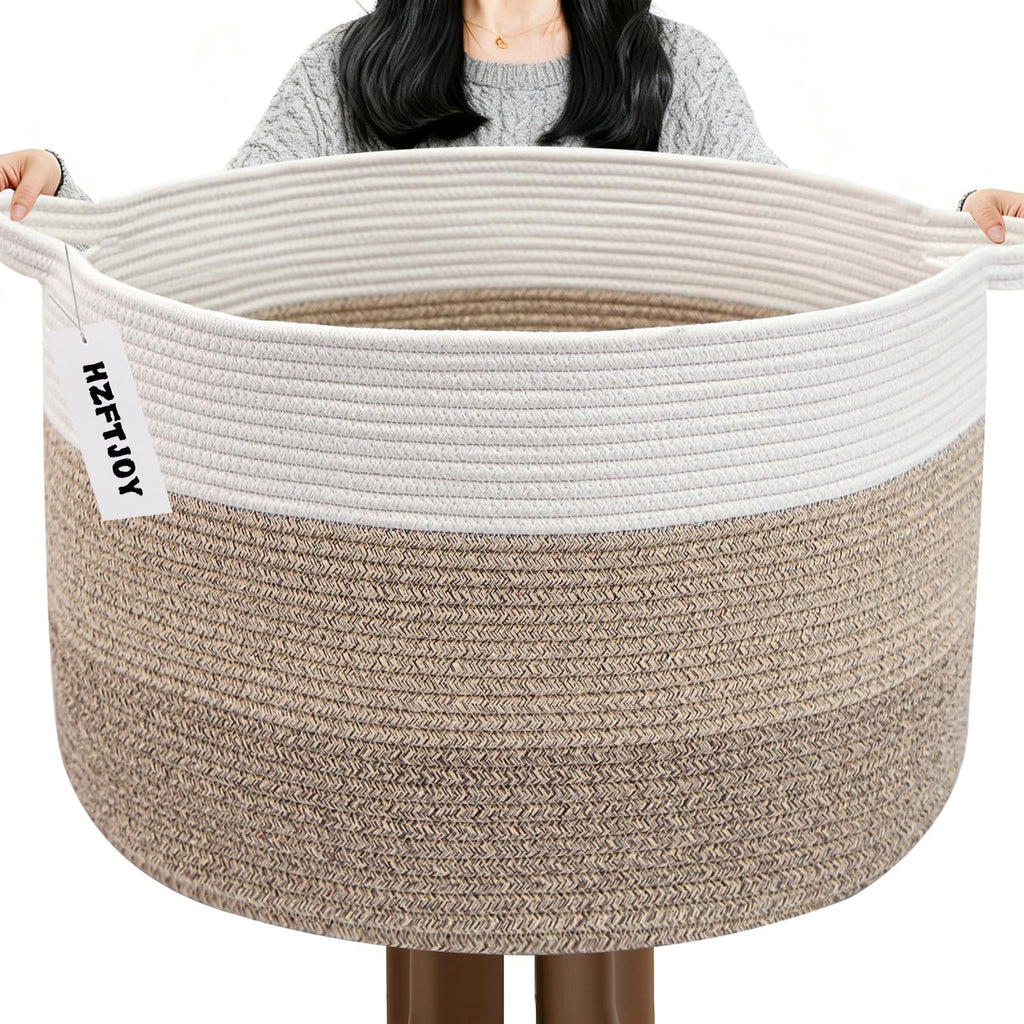 Large Woven Blanket Basket,65L Cotton Rope Laundry Basket