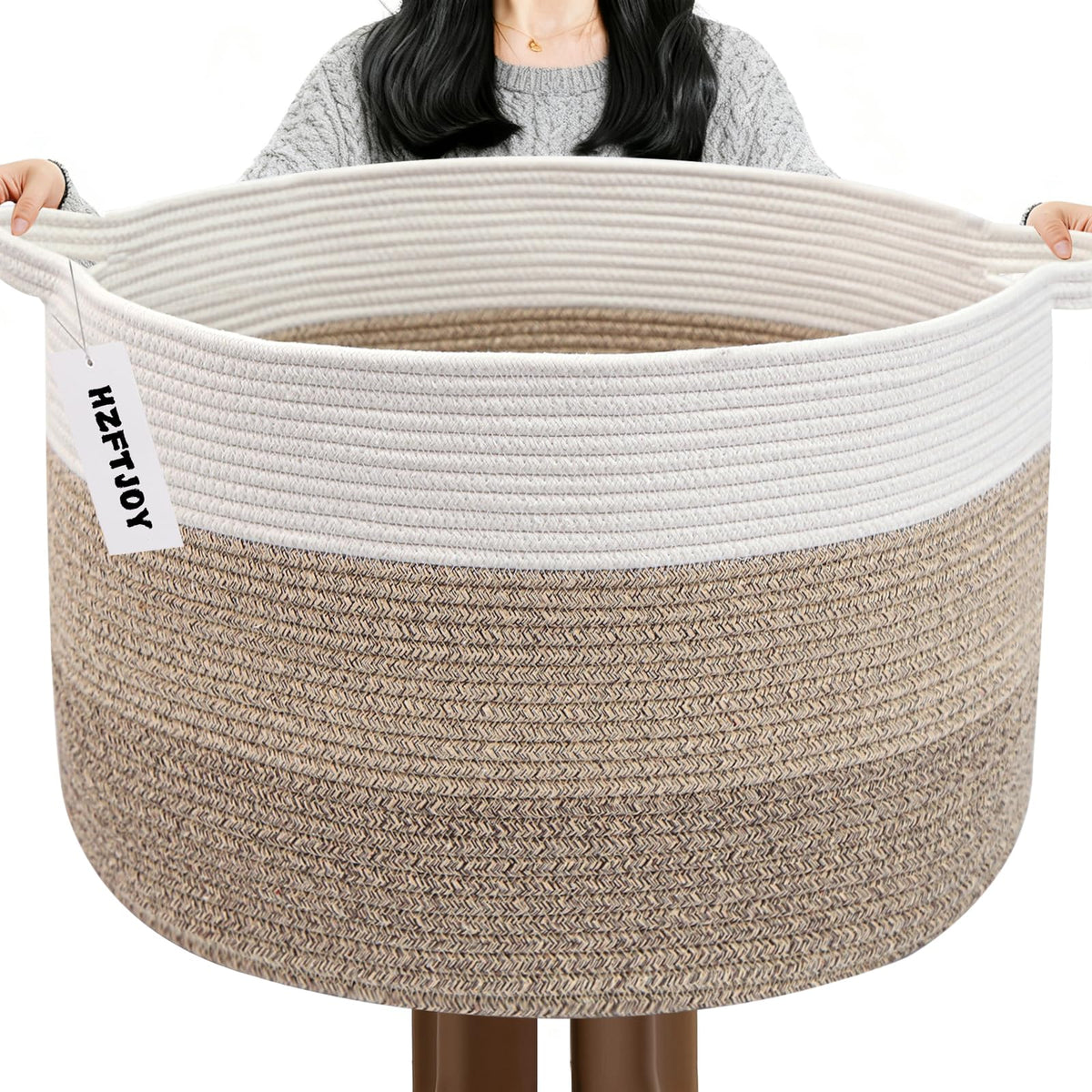 Large Woven Blanket Basket,65L Cotton Rope Laundry Basket