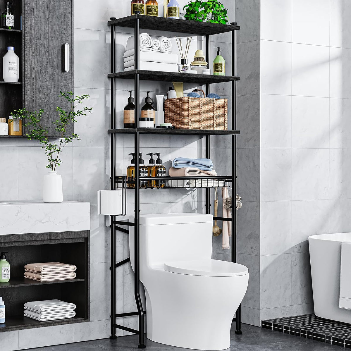 Mlinavn Over-The-Toilet Storage Rack, 4-Tier Bathroom Organizer Shelf Over Toilet with Adjustable Shelf and Basket, Freestanding Space Saver Bathroom Shelves Above Toilet for Room (Black)
