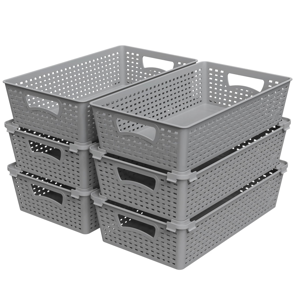 Simple Houseware Stackable Plastic Woven Basket Organizer, 6 Pack, Black