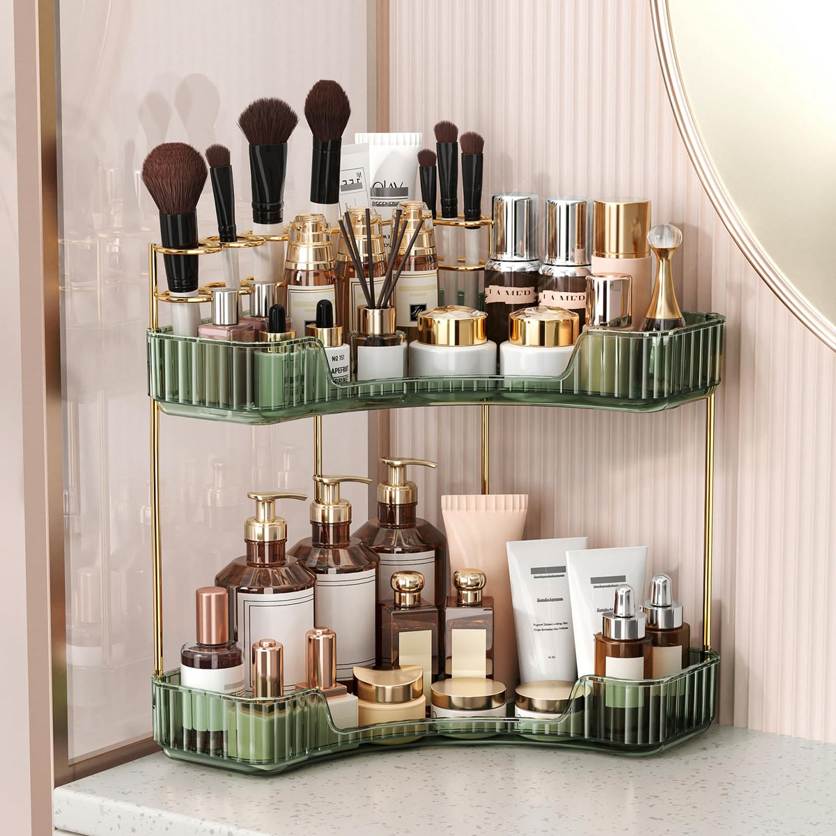 BEFSOP Corner Bathroom Counter Organizer, Upgraded 3-Tier Makeup Organizer Countertop with Makeup Brush Holder, Skincare Exquisite Vanity Organizers Countertop Bathroom Storage Dresser(GOLD)
