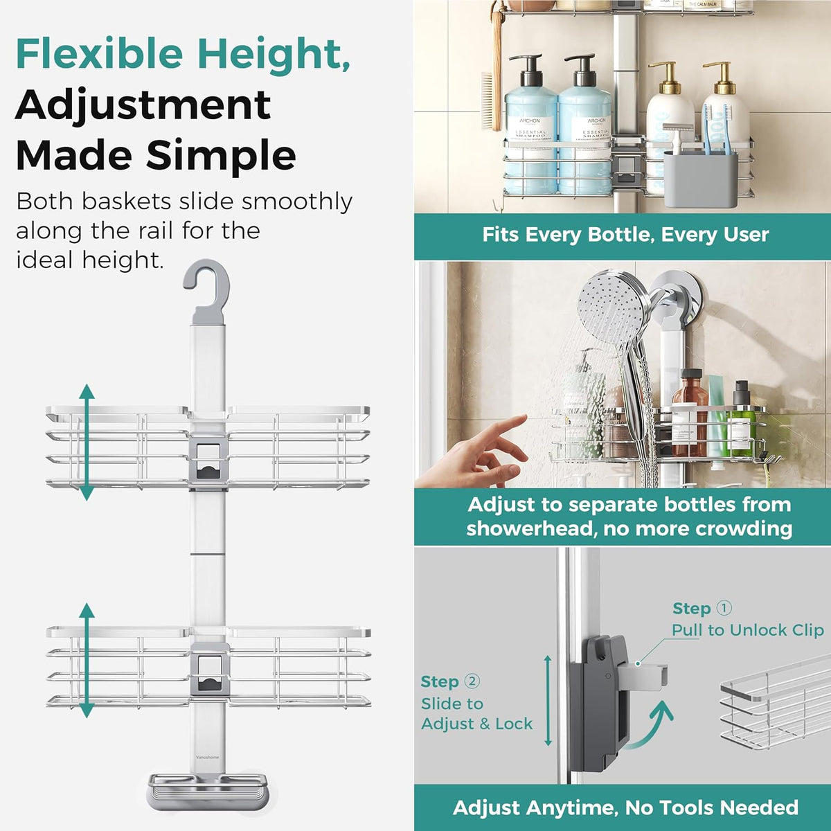 Adjustable Shower Caddy Hanging Over Shower Head, Storage Organizer Rack