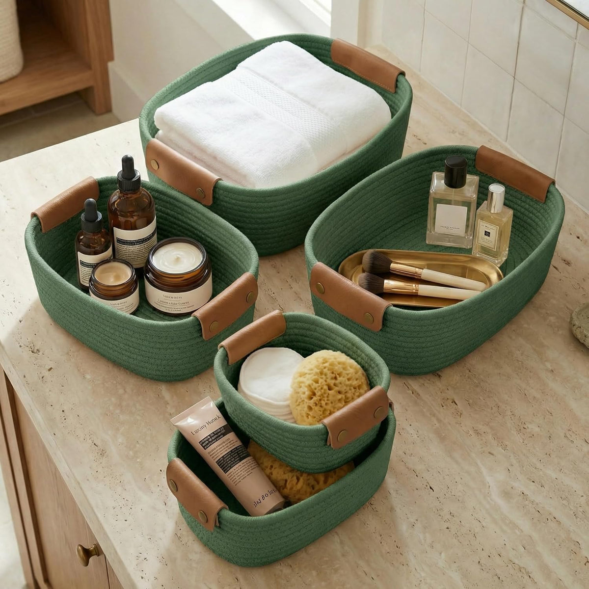 Beautiful Storage Basket Set of 5 - Sturdy Cotton Rope Baskets for Shelves