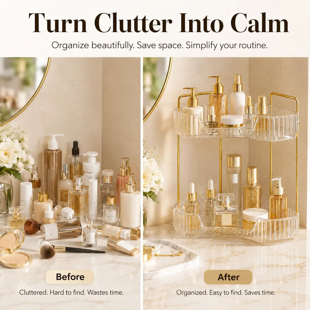 2-Tiers Plastic Corner Bathroom Counter Organizer - Gold Metal Pole Shelves, Makeup Organizer Storage Rack, Cosmetic Perfume Tray Holder for Vanity Sink, Bathroom Gadget, Bathroom Accessories