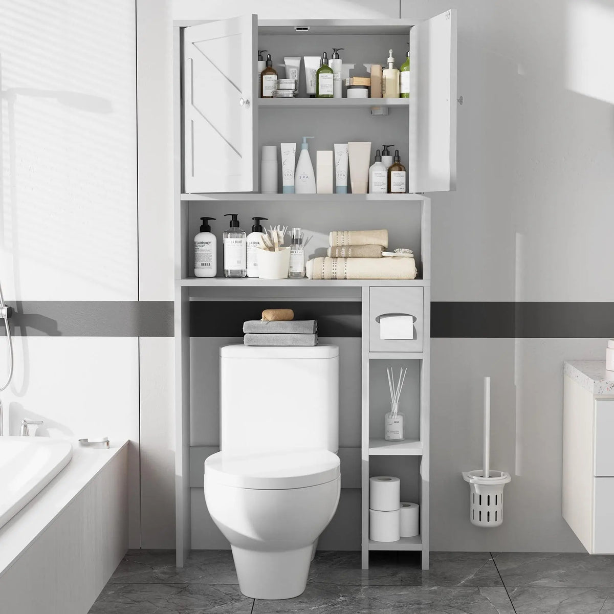 Walsunny Over The Toilet Storage Cabinet, Bathroom Farmhouse Storage Cabinet with Adjustable Shelf, 2-Door Toilet Storage Rack with Toilet Paper Holder, White