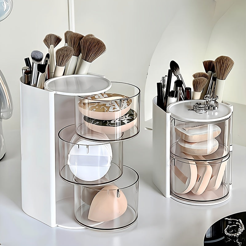 2/3-tier 180° Rotating Desktop Organizer, Makeup Sponge and Brush Holder, Multi-layer Desktop Storage for Easter Eggs, Cosmetics, Hair Ties, and Makeup Accessories, Rotating Transparent Hair Accessory Organizer | Dust-proof Plastic Material