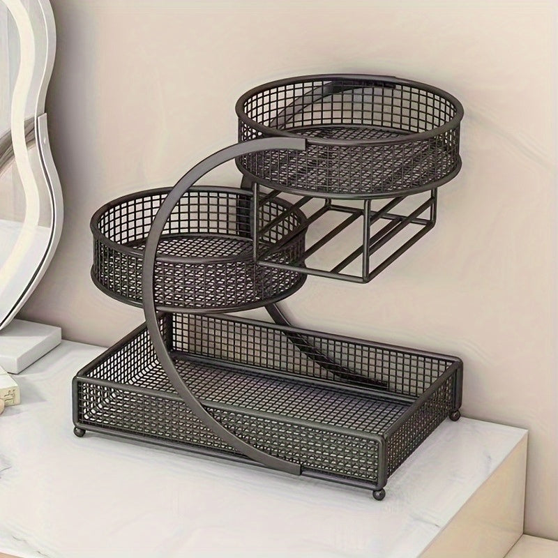 A 3-Tier Metal Cosmetic Organizer with a Varnished End, Featuring a Tissue Box. This Lightweight And No-Installation-Required Storage Rack Can Serve As a Dressing Table Or a Countertop Organizer in The Bathroom