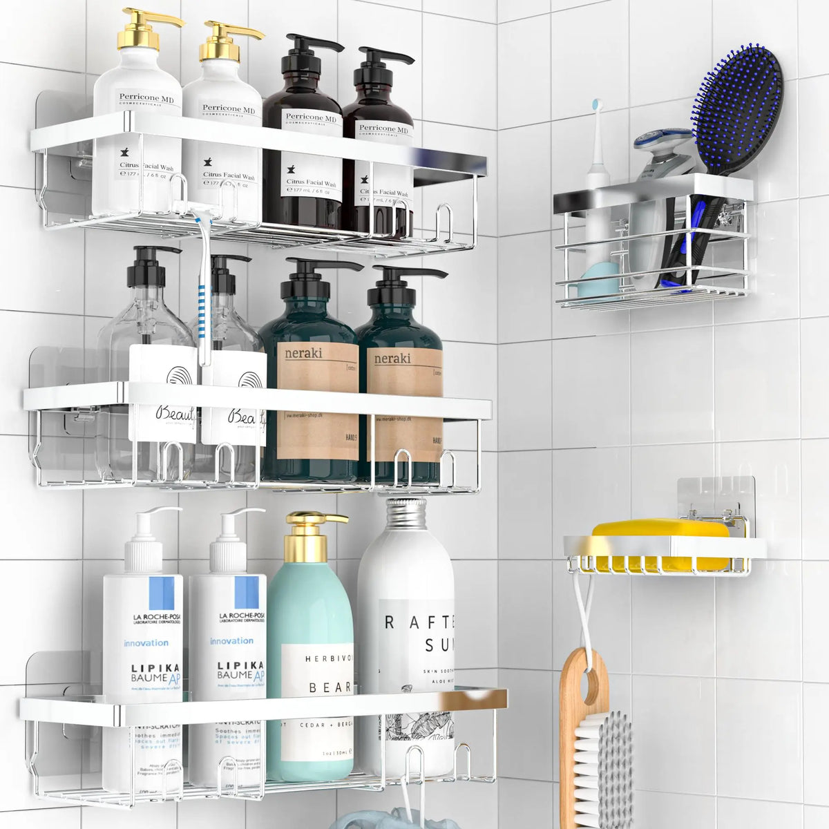 5-Piece Shower Rack Set, No-Drill Adhesive Rust-Proof Bathroom Organizer, Large Capacity Wall-Mounted Shelf, Essential for Bath, Kitchen, Home