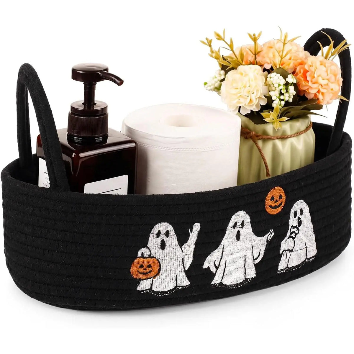 Magnolia Woven Storage Basket for Toilet  Top Boho  Rope Bathroom Countertop Organizer Basket with Handle Green Bathroom Decor for Bedroom  Toys Organizing, 13 x 6 x 4 Inch