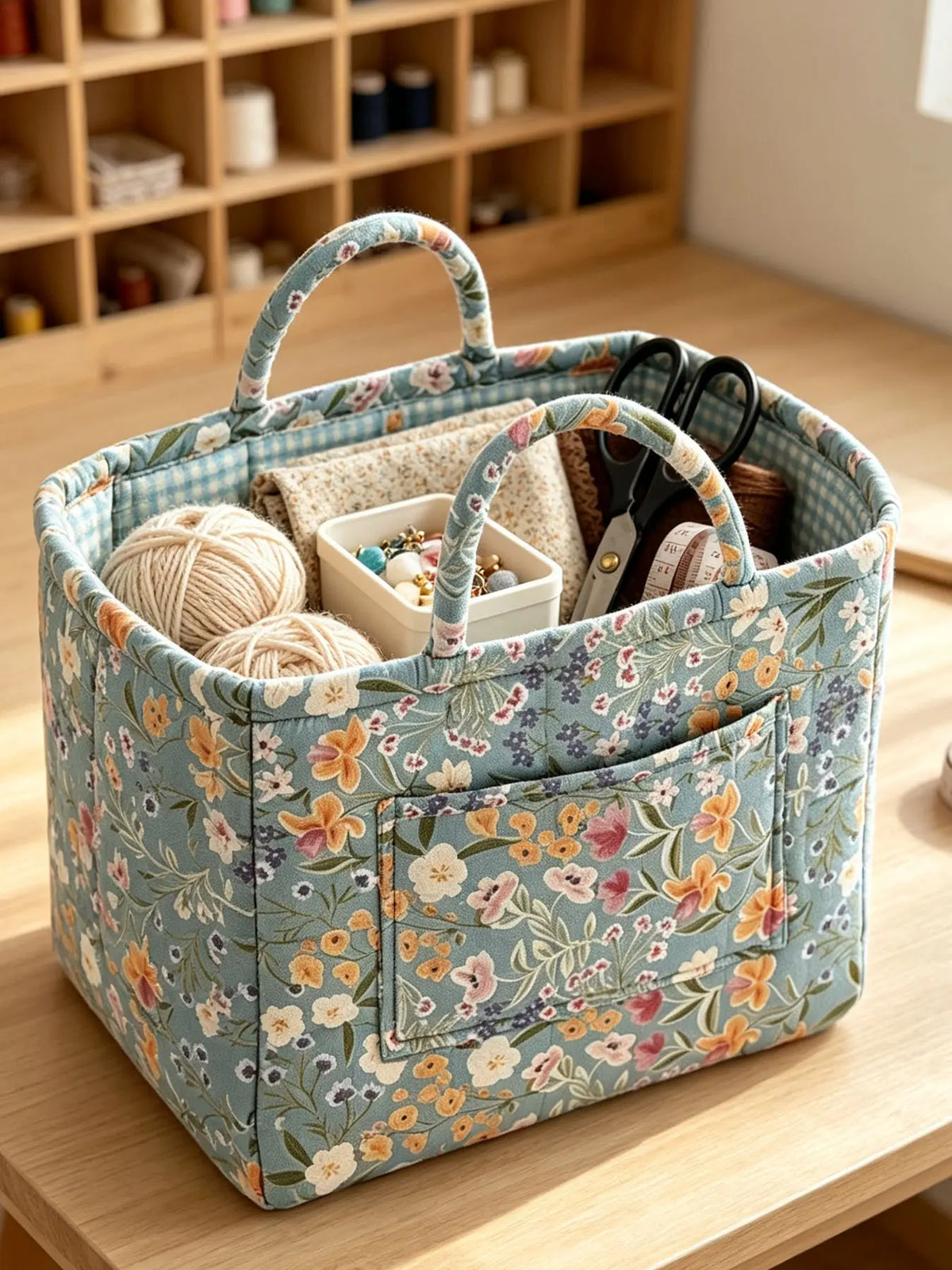 Vintage Floral Quilted with Double Handles, Foldable Fabric Organizer Tote for Bathroom Car Picnic, Bathroom Storage Baskets