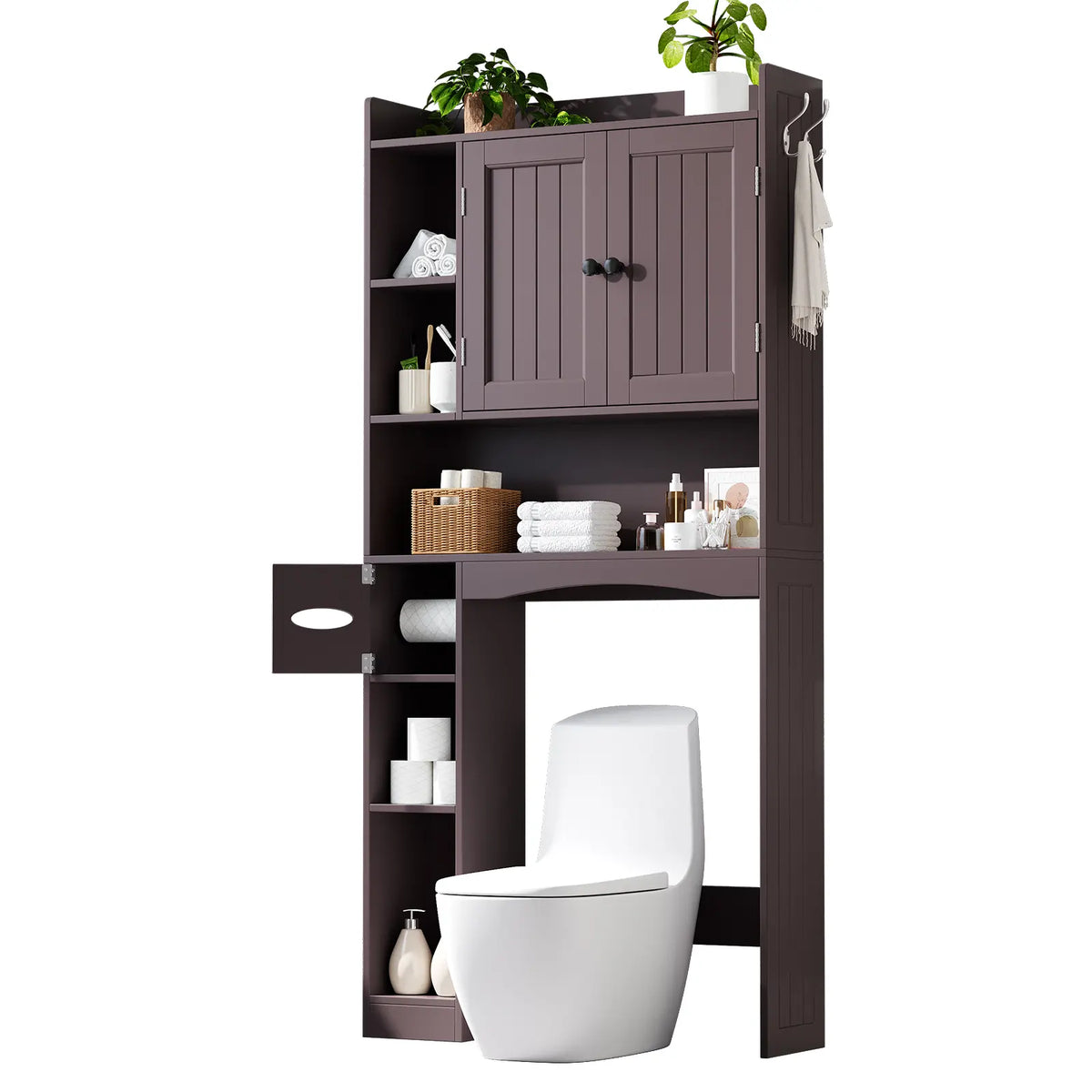 Gizoon 66''H Over The Toilet Storage Cabinet, with Ample Storage Space | Over Toilet Bathroom Organizer, with 2 Doors for Storage, Adjustable Shelf, 2 Hooks, Paper Holder, for Bathroom, Laundry