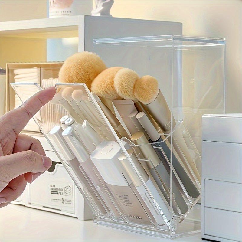 [Clear Acrylic Brush Holder] Clear Acrylic Makeup Brush Holder - Adjustable Desktop Organizer for Cosmetics, Transparent Plastic Storage Box with Multiple Compartments for Brushes and Beauty Tools, Perfume Organizer