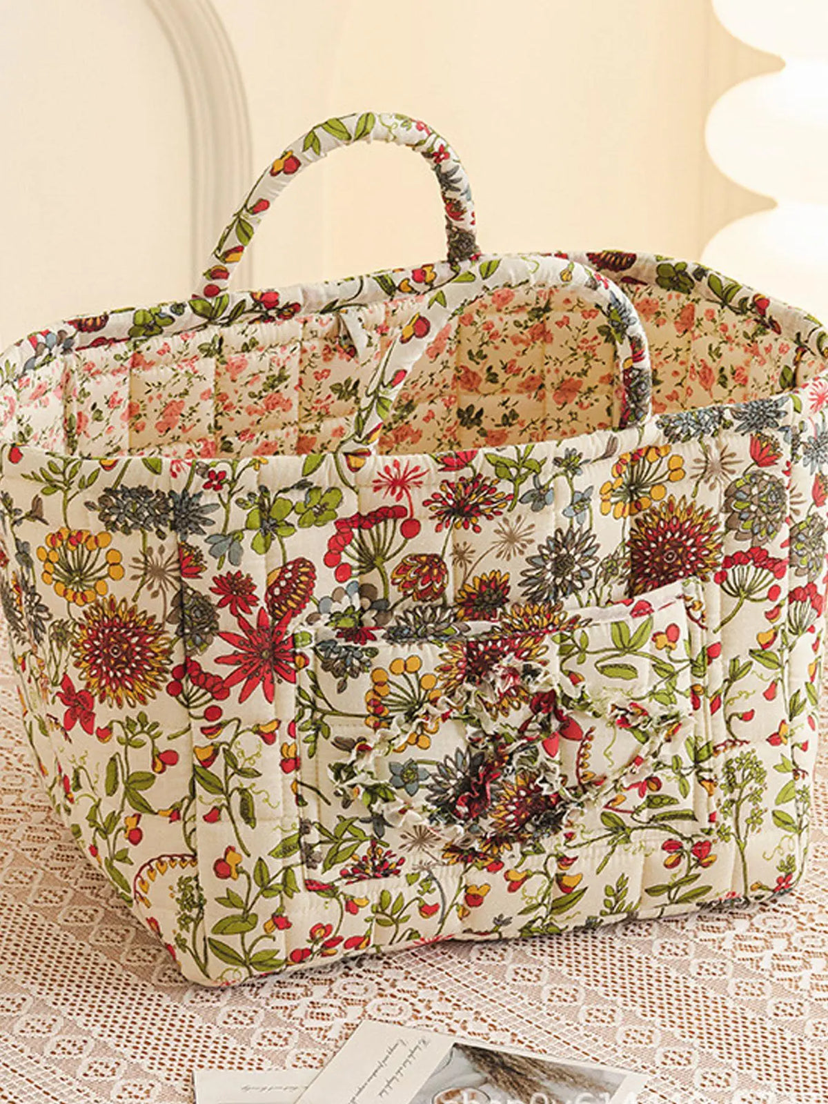 Floral Pattern Fabric Decorative Storage Basket, Portable Home Organizer for Kitchen, Bathroom and Office, Flower, Bathroom Storage Baskets