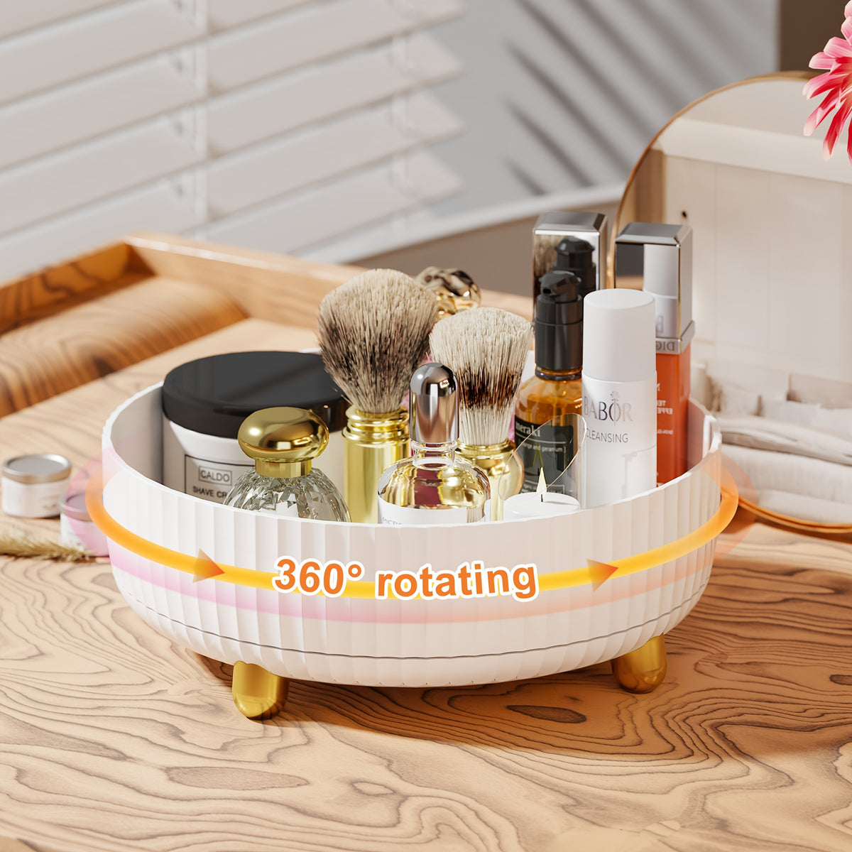[360 Rotating Vanity Tray] 1pc Large Capacity 360-Degree Rotating Makeup And Perfume Organizer - Sleek Vanity Storage Tray with Golden Accents, Ribbed Edge Design for Stability, No Assembly Required, Vanity Tray