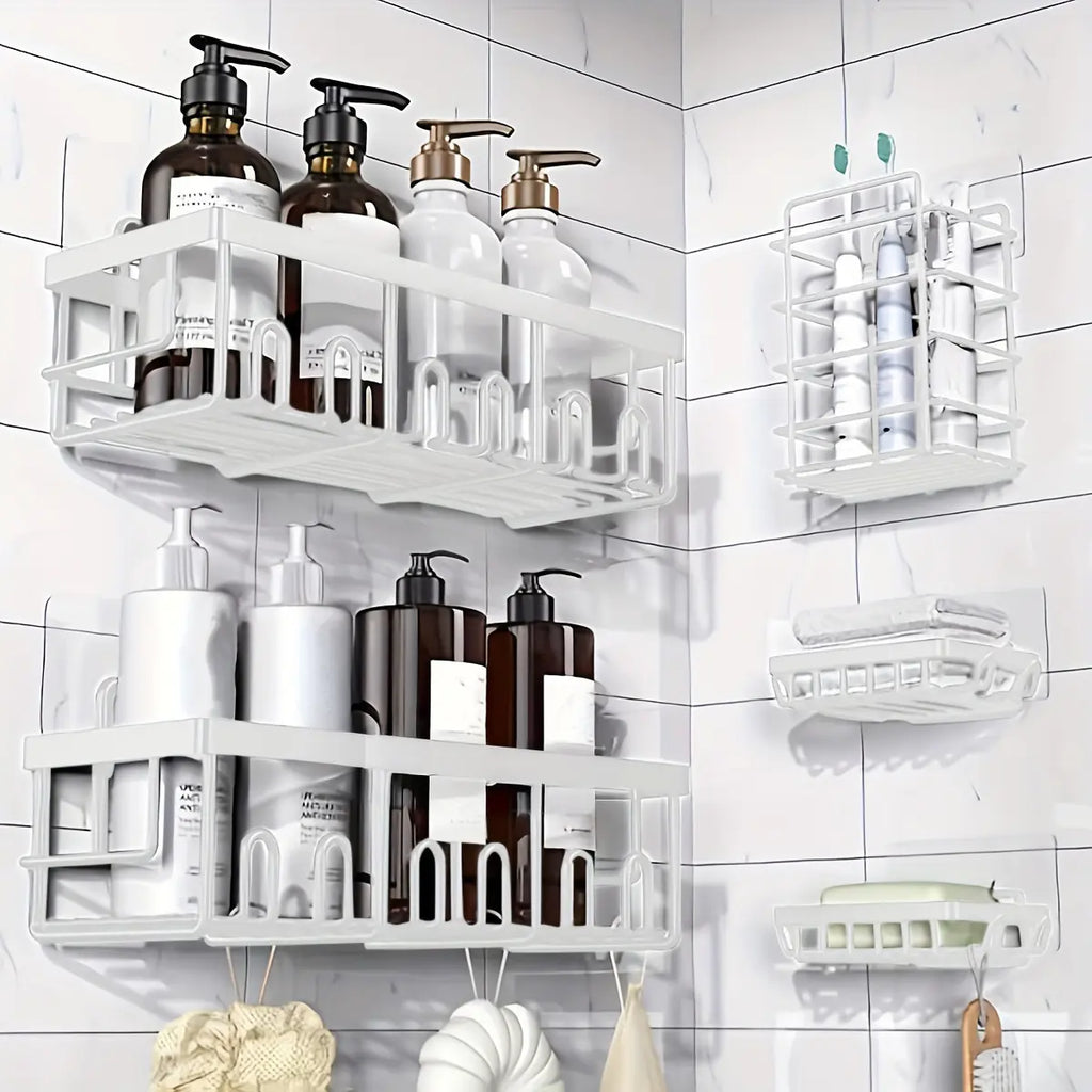 Jabukosu Shower Organizer, 5-Pack Adhesive Rustproof Stainless Steel Shower Shelves with Soap Holder, Adhesive Mount Saves Wall Drilling, Clutter Control for Renters’ Bathrooms, Multiple Shelves Separate Daily Items, Soap Stays Put, Shower Organizers, Mod
