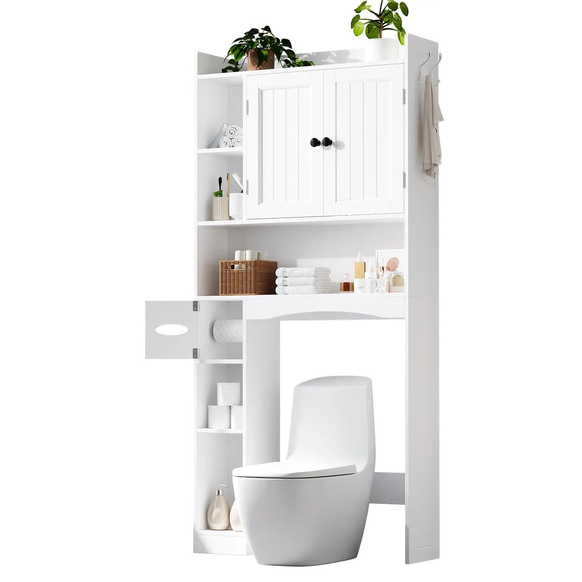 Gizoon 66''H Over The Toilet Storage Cabinet, with Ample Storage Space | Over Toilet Bathroom Organizer, with 2 Doors for Storage, Adjustable Shelf, 2 Hooks, Paper Holder, for Bathroom, Laundry