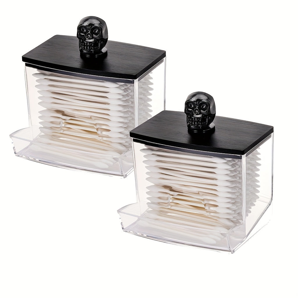 7oz Clear Acrylic Swab Holder with Flip-Top Lid - Skull & Crossbones Design, Durable Plastic Makeup Organizer for Bathroom, Cosmetics, And Halloween Storage, Makeup Organizer Storage