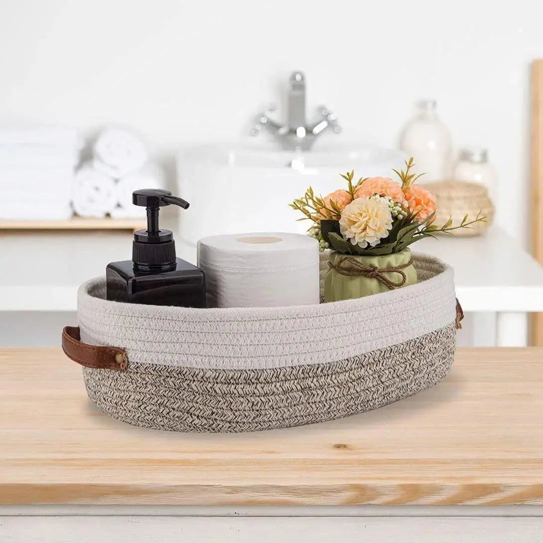 Boho Style Woven Storage Basket, Decorative Bathroom Organizer for Toiletries, Multi-Purpose Bohemian Household Basket with Durable Stylish Design