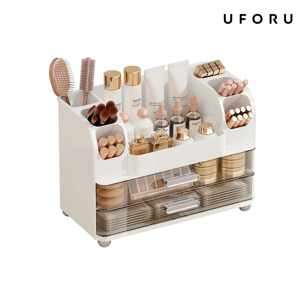 UFORU Makeup Organizer Box - Durable Storage Organizer for Vanity Organization, 2 Large Drawers, Brush Holders, Bathroom Countertop Skincare & Desk Office Supplies Pink Jewelry Storage Gift,dorm room inspo,college dorm essentials,dorm haul