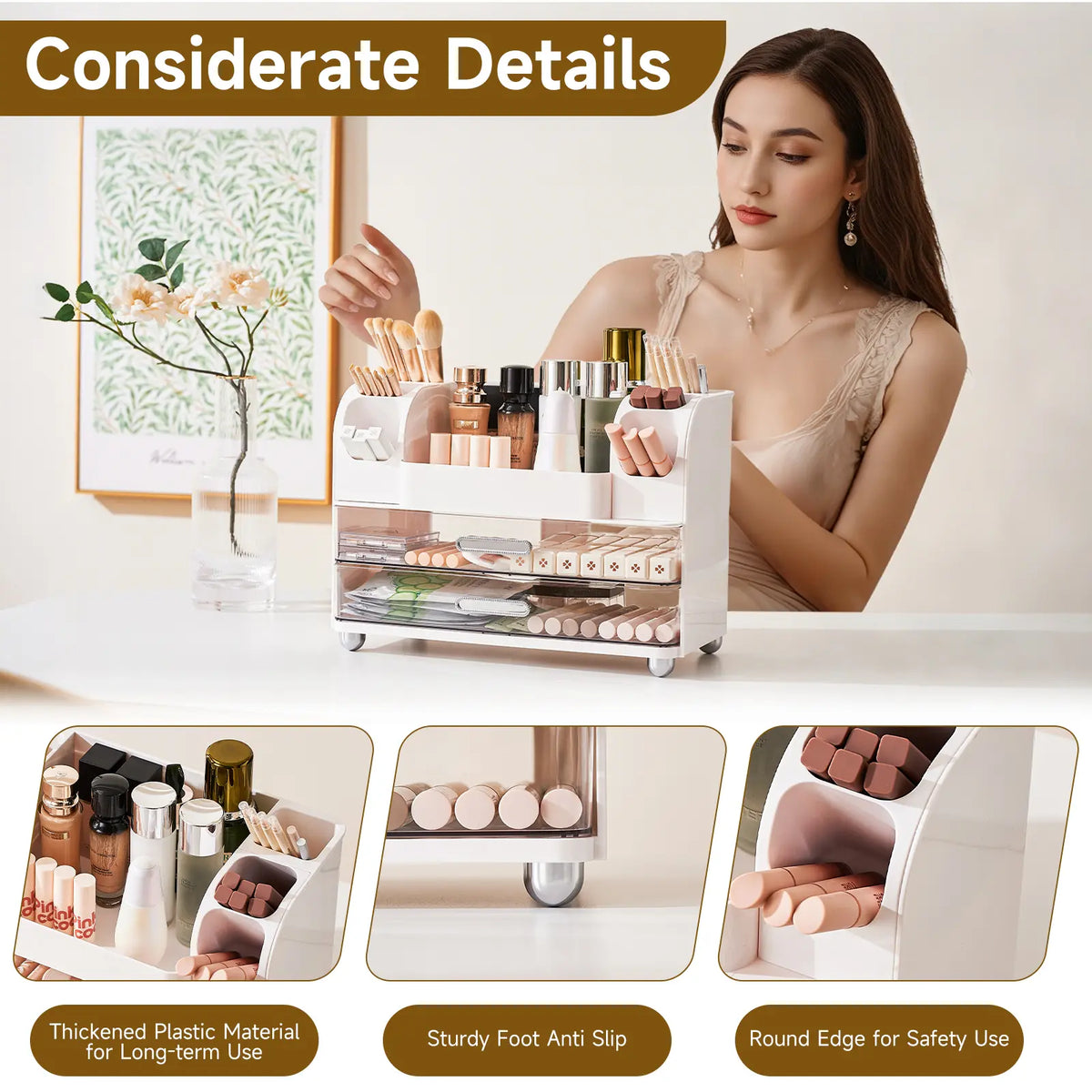 UFORU Makeup Organizer Box - Durable Storage Organizer for Vanity Organization, 2 Large Drawers, Brush Holders, Bathroom Countertop Skincare & Desk Office Supplies Pink Jewelry Storage Gift,dorm room inspo,college dorm essentials,dorm haul