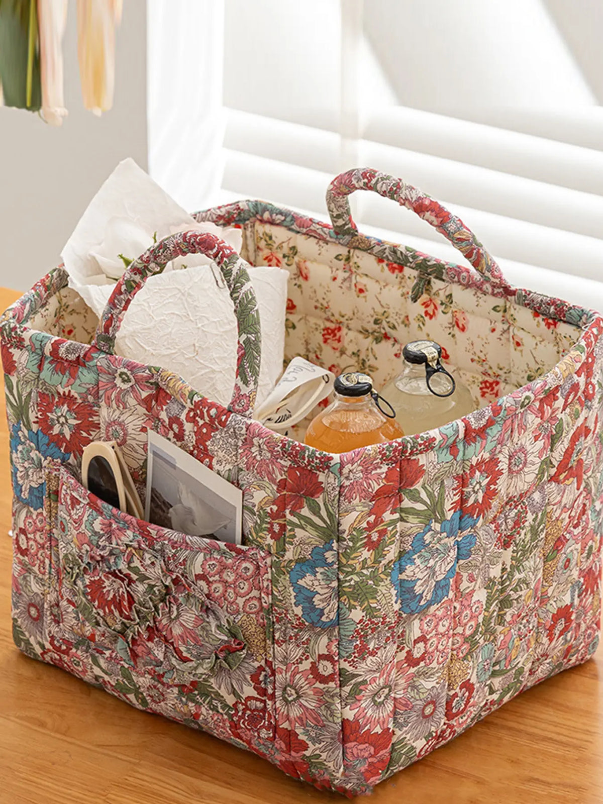 Floral Pattern Fabric Decorative Storage Basket, Portable Home Organizer for Kitchen, Bathroom and Office, Flower, Bathroom Storage Baskets