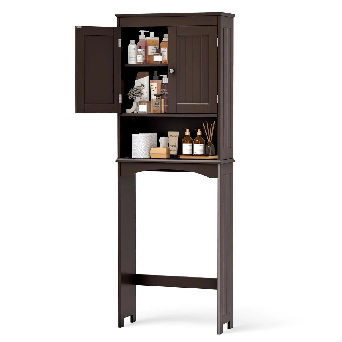 Gizoon Over the Toilet Storage Cabinet with Adjustable Shelf, White Bathroom Space Saver Organizer Above Toilet with Open Shelf and Double Doors, Taller Wooden Free Standing Toilet Rack