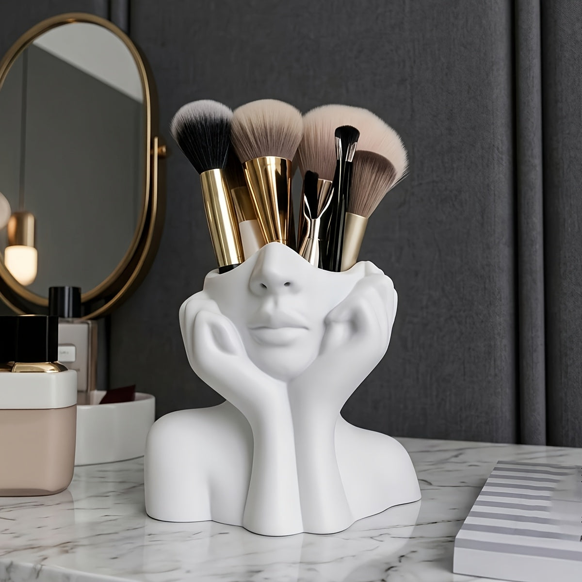 Elegant Resin Material Makeup Brush Holder-Lightweight Synthetic Resin Cosmetic Organizer, Standalone Desktop Storage Box for Bathroom Or Vanity, Makeup Dressing Table Home Decoration And Gifts, White Abstract Design, Stylish Storage, Desk Additions
