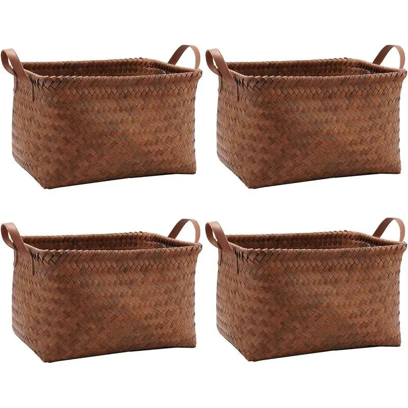 BROWNLILY Handwoven Wicker Storage Baskets with Vegan Leather Accents, 4/6/8-Pack Large Brown Bins with Handles, Decorative Faux Rattan Organizers for Shelves, Laundry, Bathroom Decor