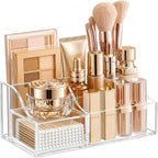 HBlife Makeup Organizer with Drawer – Cosmetic Storage for Vanity, Bathroom Countertop & Dresser, Skincare Organizer with Brush Holder, Beauty Display Case (Clear)