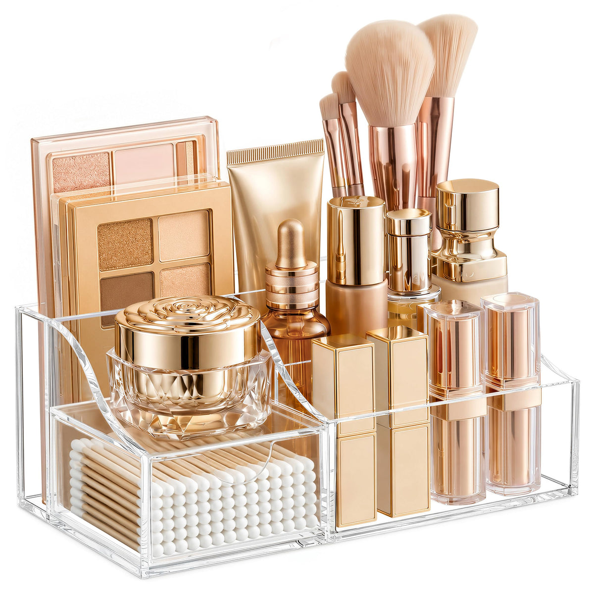 HBlife Makeup Organizer with Drawer – Cosmetic Storage for Vanity, Bathroom Countertop & Dresser, Skincare Organizer with Brush Holder, Beauty Display Case (Clear)