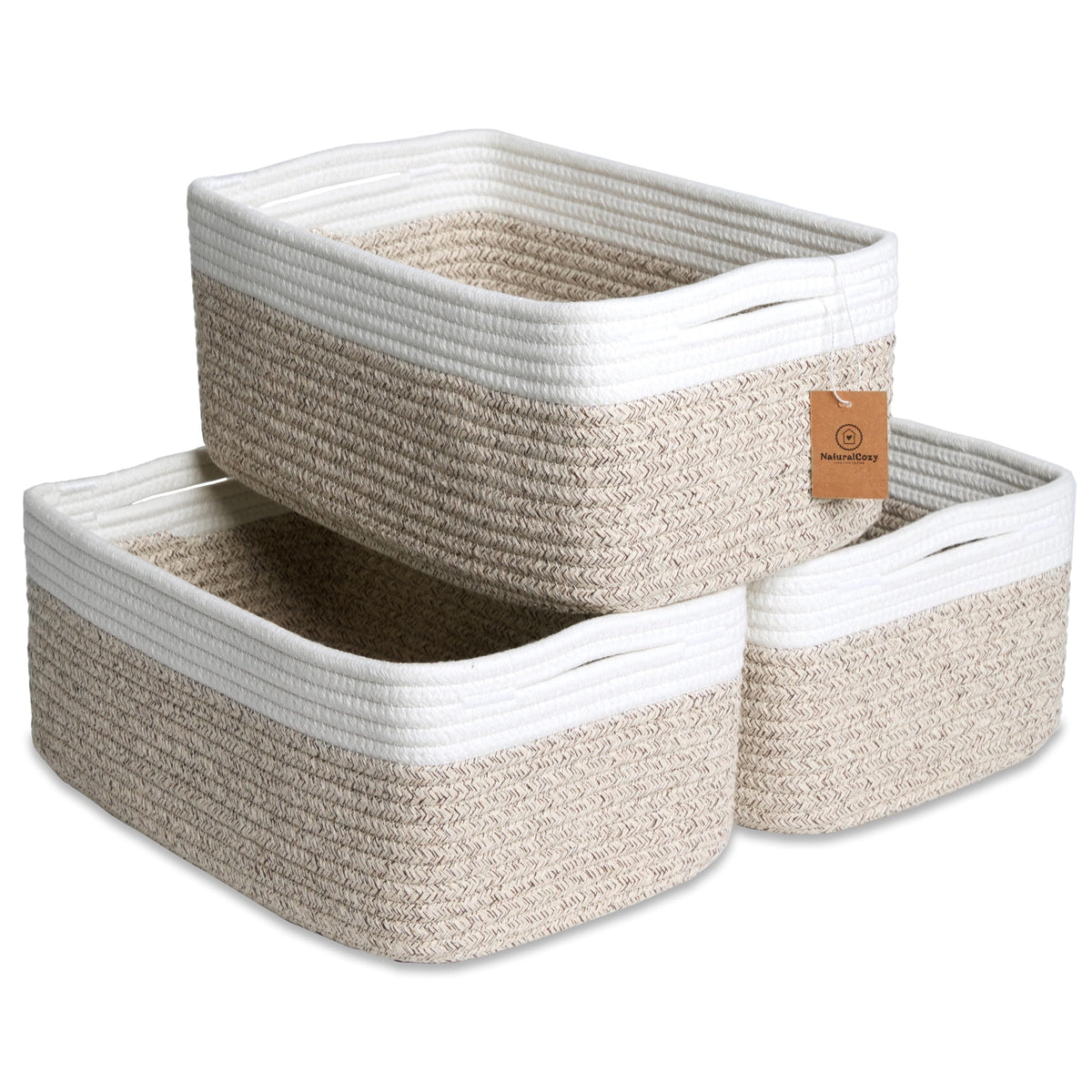 NaturalCozy 11.8"x8"x4.5” Storage Baskets for Shelves 3 Pack | Cotton Rope Woven Small Baskets for Organizing | Small Storage Bins for Nursery, Bathroom, Closet, Cube Shelf, Decorative, Gift Basket